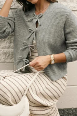 Hot Dear-Lover Ribbed Knit Bow Front Buttoned Cardigan Philippine Gray