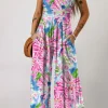 New Dear-Lover Abstract Floral Painting Smocked Wide Leg Jumpsuit Pink