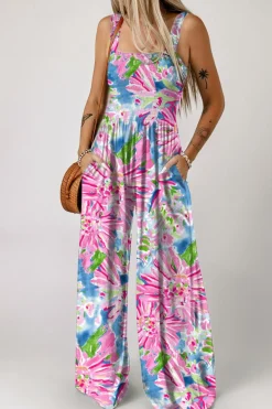New Dear-Lover Abstract Floral Painting Smocked Wide Leg Jumpsuit Pink