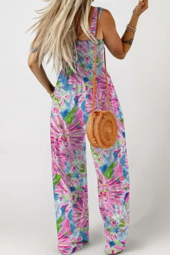 New Dear-Lover Abstract Floral Painting Smocked Wide Leg Jumpsuit Pink