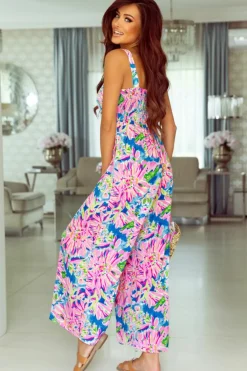 New Dear-Lover Abstract Floral Painting Smocked Wide Leg Jumpsuit Pink