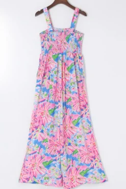 New Dear-Lover Abstract Floral Painting Smocked Wide Leg Jumpsuit Pink