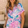 Online Dear-Lover Abstract Floral Print Notch V Neck Rolled Short Sleeve Blouse Pink