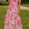 Hot Dear-Lover Abstract Floral Print Shirred One Shoulder Maxi Dress Pink
