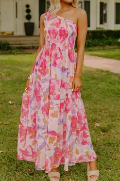 Hot Dear-Lover Abstract Floral Print Shirred One Shoulder Maxi Dress Pink