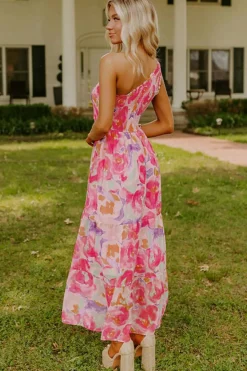 Hot Dear-Lover Abstract Floral Print Shirred One Shoulder Maxi Dress Pink