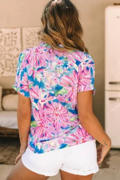 Online Dear-Lover Abstract Floral Print Notch V Neck Rolled Short Sleeve Blouse Pink