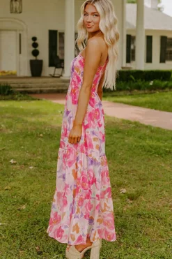 Hot Dear-Lover Abstract Floral Print Shirred One Shoulder Maxi Dress Pink