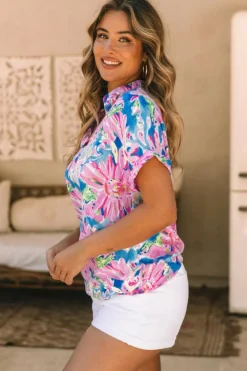 Online Dear-Lover Abstract Floral Print Notch V Neck Rolled Short Sleeve Blouse Pink