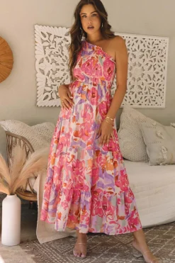 Hot Dear-Lover Abstract Floral Print Shirred One Shoulder Maxi Dress Pink