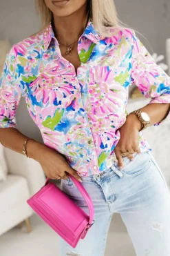 Discount Dear-Lover Abstract Floral Print Buttoned Sheath Long Sleeve Shirt Pink