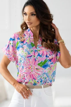 Online Dear-Lover Abstract Floral Print Notch V Neck Rolled Short Sleeve Blouse Pink