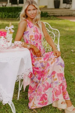 Hot Dear-Lover Abstract Floral Print Shirred One Shoulder Maxi Dress Pink