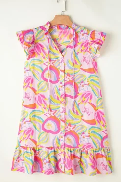 Hot Dear-Lover Abstract Floral Ruffle Trim Flutter Sleeve Buttoned Dress Pink