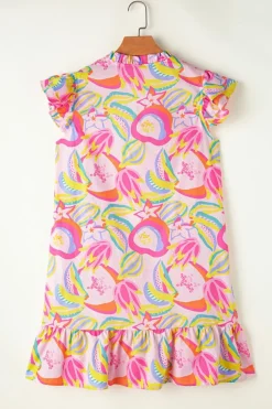 Hot Dear-Lover Abstract Floral Ruffle Trim Flutter Sleeve Buttoned Dress Pink
