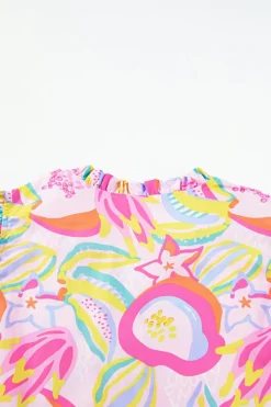 Hot Dear-Lover Abstract Floral Ruffle Trim Flutter Sleeve Buttoned Dress Pink