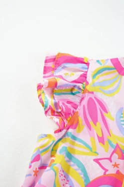 Hot Dear-Lover Abstract Floral Ruffle Trim Flutter Sleeve Buttoned Dress Pink
