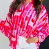 Clearance Dear-Lover Abstract Print Batwing Sleeve Casual Shirt Pink