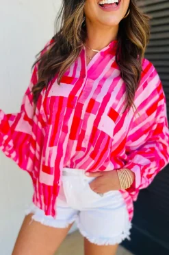 Clearance Dear-Lover Abstract Print Batwing Sleeve Casual Shirt Pink