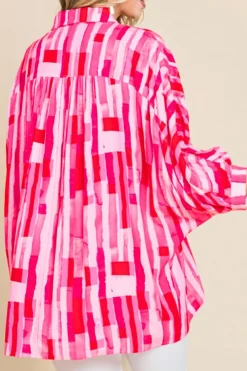 Clearance Dear-Lover Abstract Print Batwing Sleeve Casual Shirt Pink