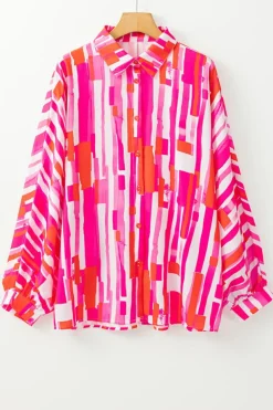 Clearance Dear-Lover Abstract Print Batwing Sleeve Casual Shirt Pink