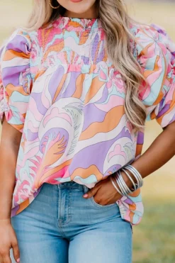 Outlet Dear-Lover Abstract Print Bubble Sleeve Smock Detail Blouse Pink