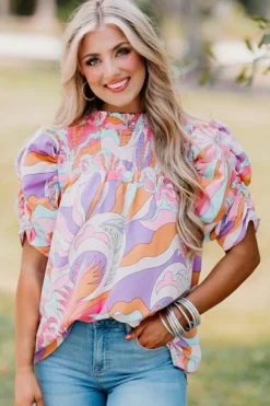 Outlet Dear-Lover Abstract Print Bubble Sleeve Smock Detail Blouse Pink