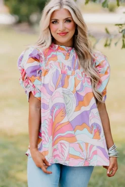 Outlet Dear-Lover Abstract Print Bubble Sleeve Smock Detail Blouse Pink