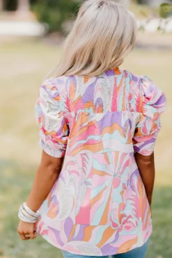 Outlet Dear-Lover Abstract Print Bubble Sleeve Smock Detail Blouse Pink