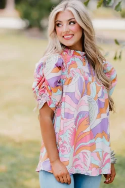 Outlet Dear-Lover Abstract Print Bubble Sleeve Smock Detail Blouse Pink