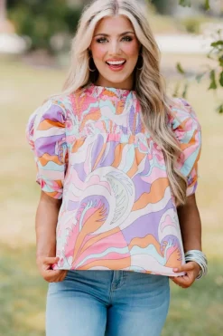 Outlet Dear-Lover Abstract Print Bubble Sleeve Smock Detail Blouse Pink