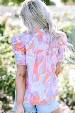Outlet Dear-Lover Abstract Print Bubble Sleeve Smock Detail Blouse Pink