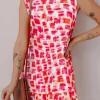 Clearance Dear-Lover Abstract Print Frilly Neck Sleeveless Mini Dress Pink