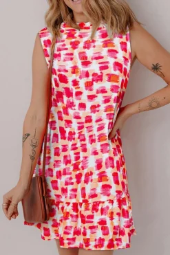 Clearance Dear-Lover Abstract Print Frilly Neck Sleeveless Mini Dress Pink