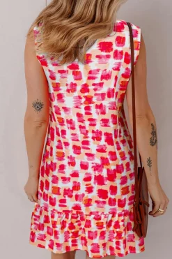Clearance Dear-Lover Abstract Print Frilly Neck Sleeveless Mini Dress Pink