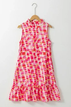 Clearance Dear-Lover Abstract Print Frilly Neck Sleeveless Mini Dress Pink