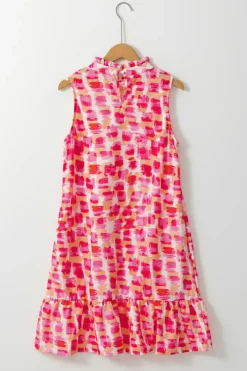 Clearance Dear-Lover Abstract Print Frilly Neck Sleeveless Mini Dress Pink