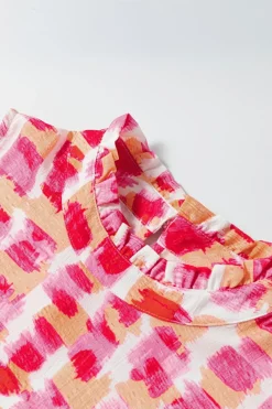 Clearance Dear-Lover Abstract Print Frilly Neck Sleeveless Mini Dress Pink