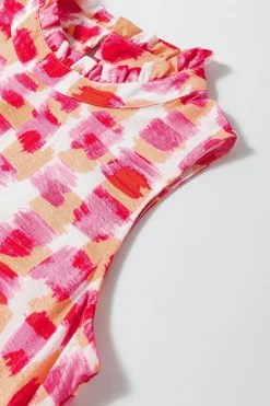Clearance Dear-Lover Abstract Print Frilly Neck Sleeveless Mini Dress Pink