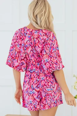 Fashion Dear-Lover Abstract Print Puff Sleeve V Neck High Waist Romper Pink