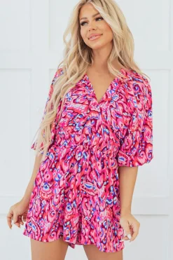 Fashion Dear-Lover Abstract Print Puff Sleeve V Neck High Waist Romper Pink