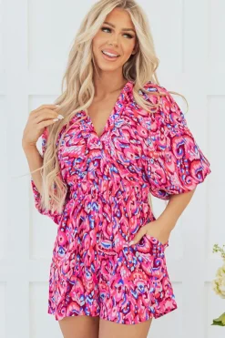 Fashion Dear-Lover Abstract Print Puff Sleeve V Neck High Waist Romper Pink