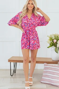Fashion Dear-Lover Abstract Print Puff Sleeve V Neck High Waist Romper Pink