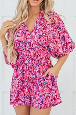 Fashion Dear-Lover Abstract Print Puff Sleeve V Neck High Waist Romper Pink