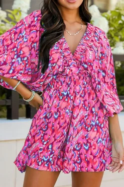 Fashion Dear-Lover Abstract Print Puff Sleeve V Neck High Waist Romper Pink