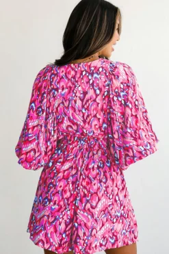Fashion Dear-Lover Abstract Print Puff Sleeve V Neck High Waist Romper Pink