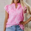 Discount Dear-Lover Abstract Print Ric Rac Trim Flutter Sleeve Notch V Neck Blouse Pink