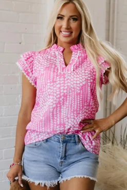 Discount Dear-Lover Abstract Print Ric Rac Trim Flutter Sleeve Notch V Neck Blouse Pink