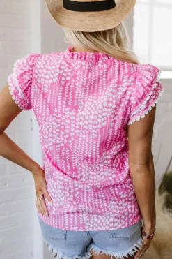 Discount Dear-Lover Abstract Print Ric Rac Trim Flutter Sleeve Notch V Neck Blouse Pink