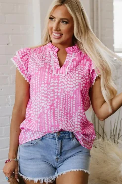 Discount Dear-Lover Abstract Print Ric Rac Trim Flutter Sleeve Notch V Neck Blouse Pink